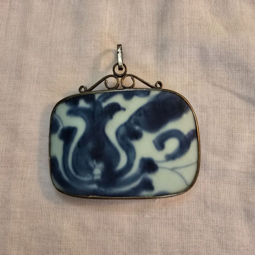 Vintage Ming Blue & White Porcelain and Sterling Silver Pendant